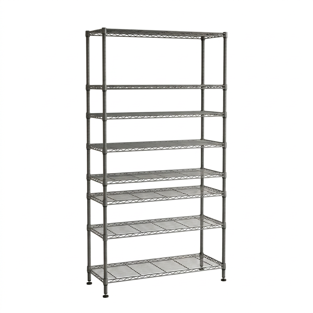 Eight-tier narrow carbon grey wire shelving unit on white