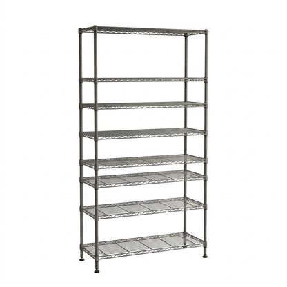 Eight-tier narrow carbon grey wire shelving unit on white