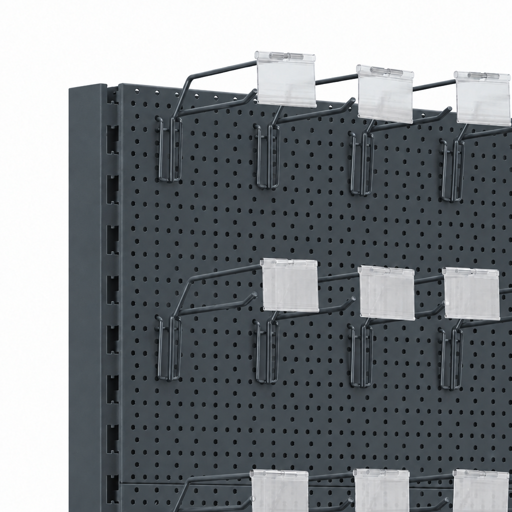 Dark grey RAL 7015 perforated panel and hook detail.
