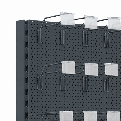 Dark grey RAL 7015 perforated panel and hook detail.