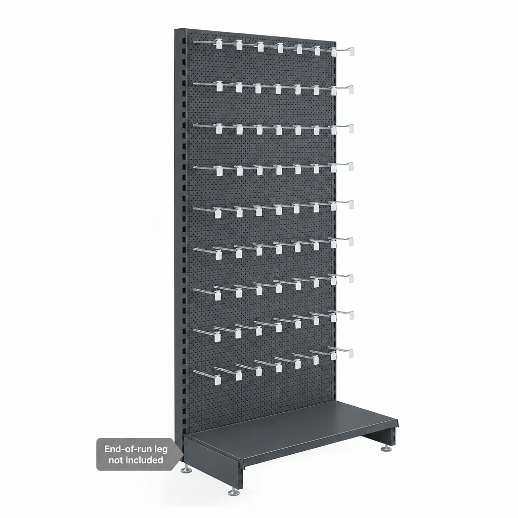 Dark grey perforated wall unit with metallic euro hooks and base shelf. End-of-run leg not included.