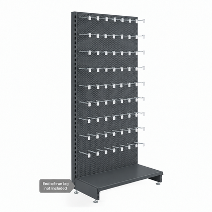 Dark grey perforated wall unit with metallic euro hooks and base shelf. End-of-run leg not included.