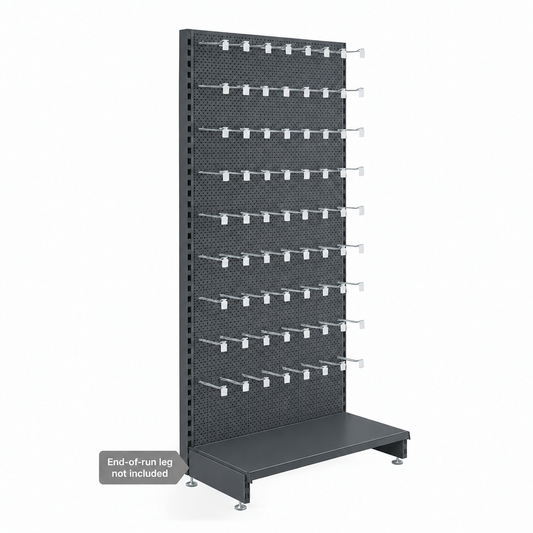 Dark grey perforated wall unit with metallic euro hooks and base shelf. End-of-run leg not included.
