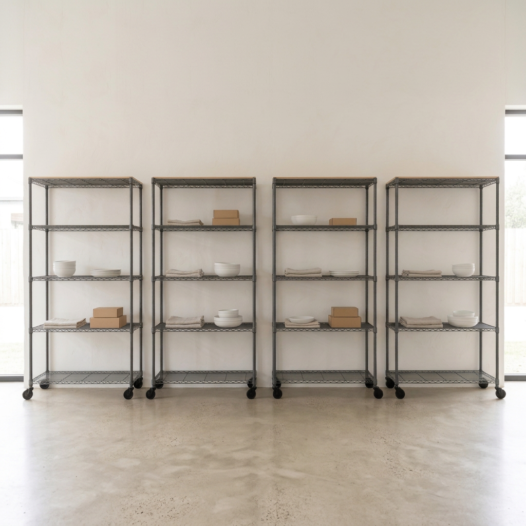 Four five-tier mobile carbon grey wire shelving units in a retail setting