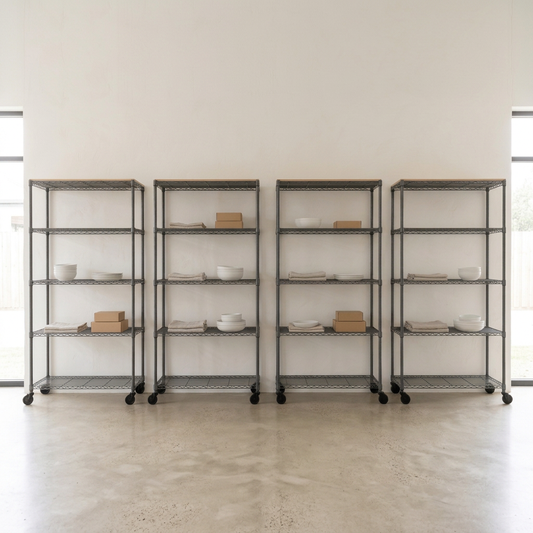 Four five-tier mobile carbon grey wire shelving units in a retail setting
