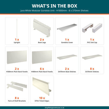 Jura White Modular Gondola Unit - H1800mm - 8 x 370mm Shelves