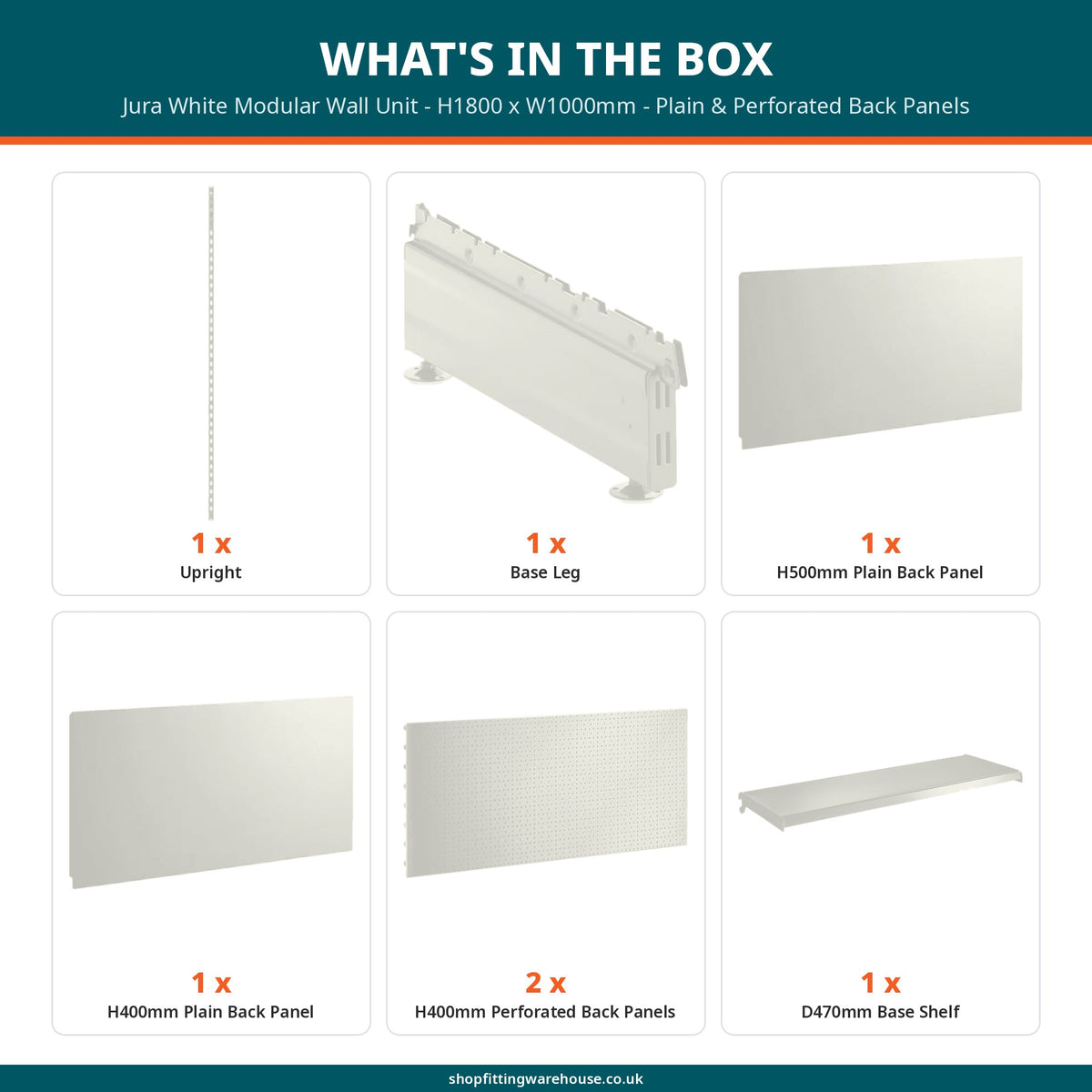 Jura White Modular Wall Unit - H1800 x W1000mm - Plain & Perforated Back Panels