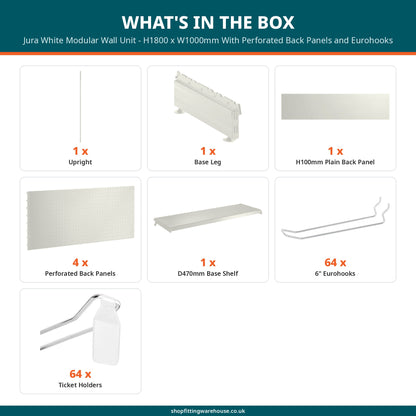 Jura White Modular Wall Unit - H1800 x W1000mm With Perforated Back Panels and Eurohooks