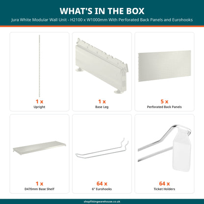 Jura White Modular Wall Unit - H2100 x W1000mm With Perforated Back Panels and Eurohooks