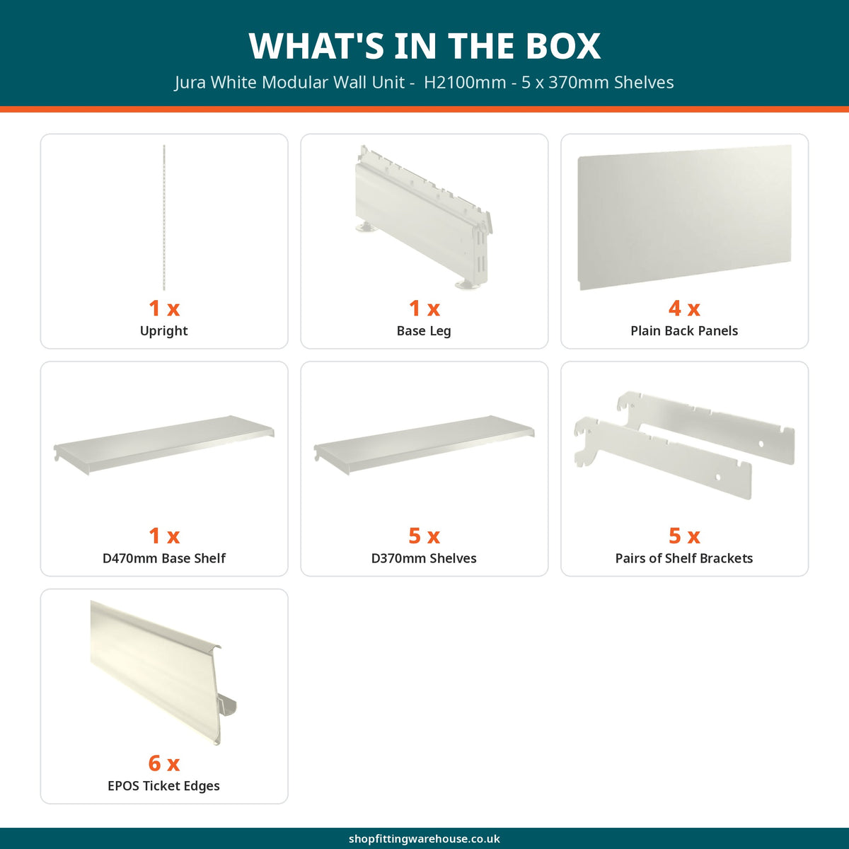 Jura White Modular Wall Unit -  H2100mm - 5 x 370mm Shelves
