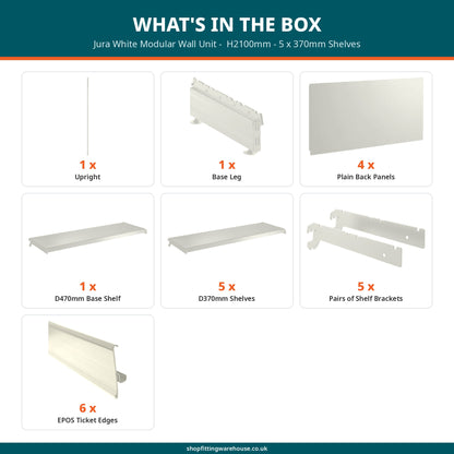 Jura White Modular Wall Unit -  H2100mm - 5 x 370mm Shelves
