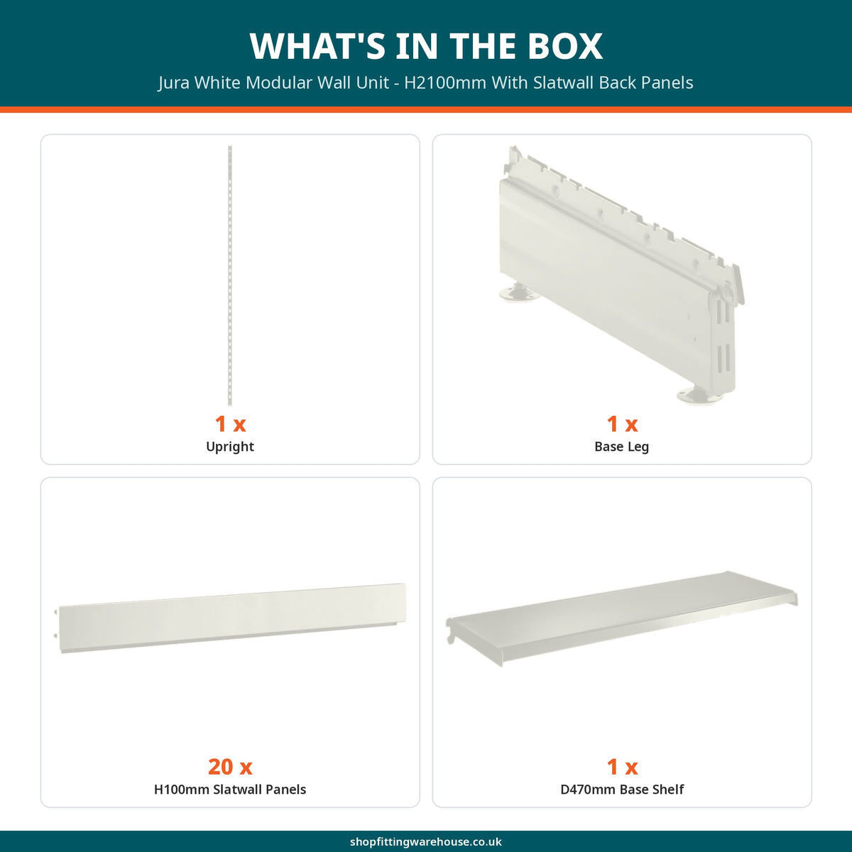 Jura White Modular Wall Unit - H2100mm With Slatwall Back Panels