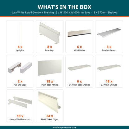 Jura White Retail Gondola Shelving - 3 x H1400 x W1000mm Bays - 18 x 370mm Shelves