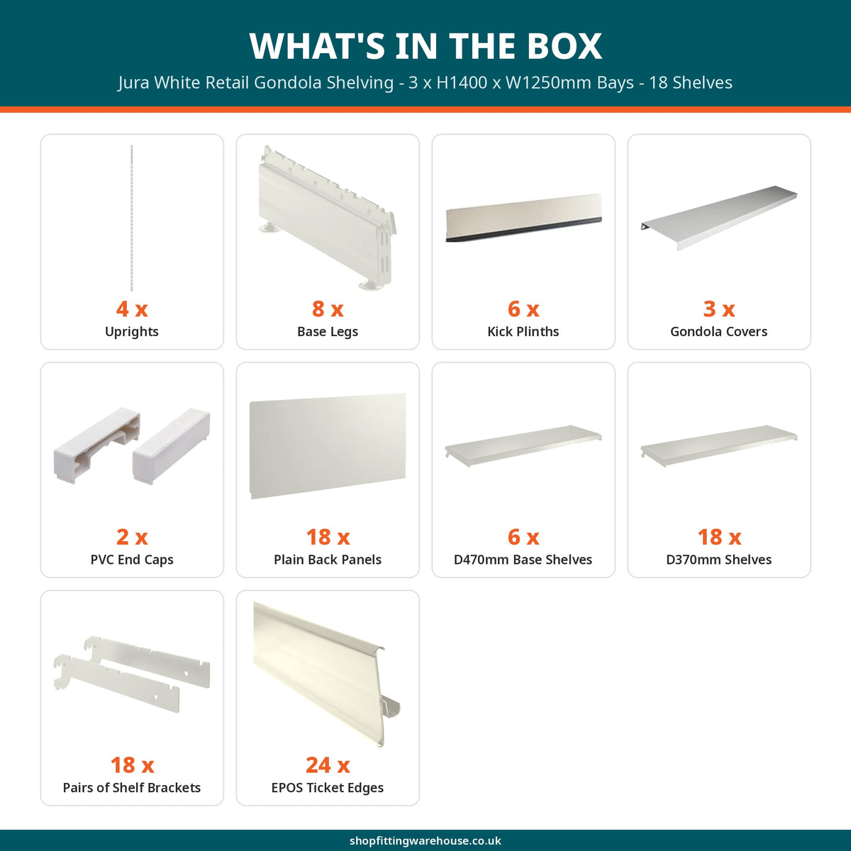 Jura White Retail Gondola Shelving - 3 x H1400 x W1250mm Bays - 18 Shelves