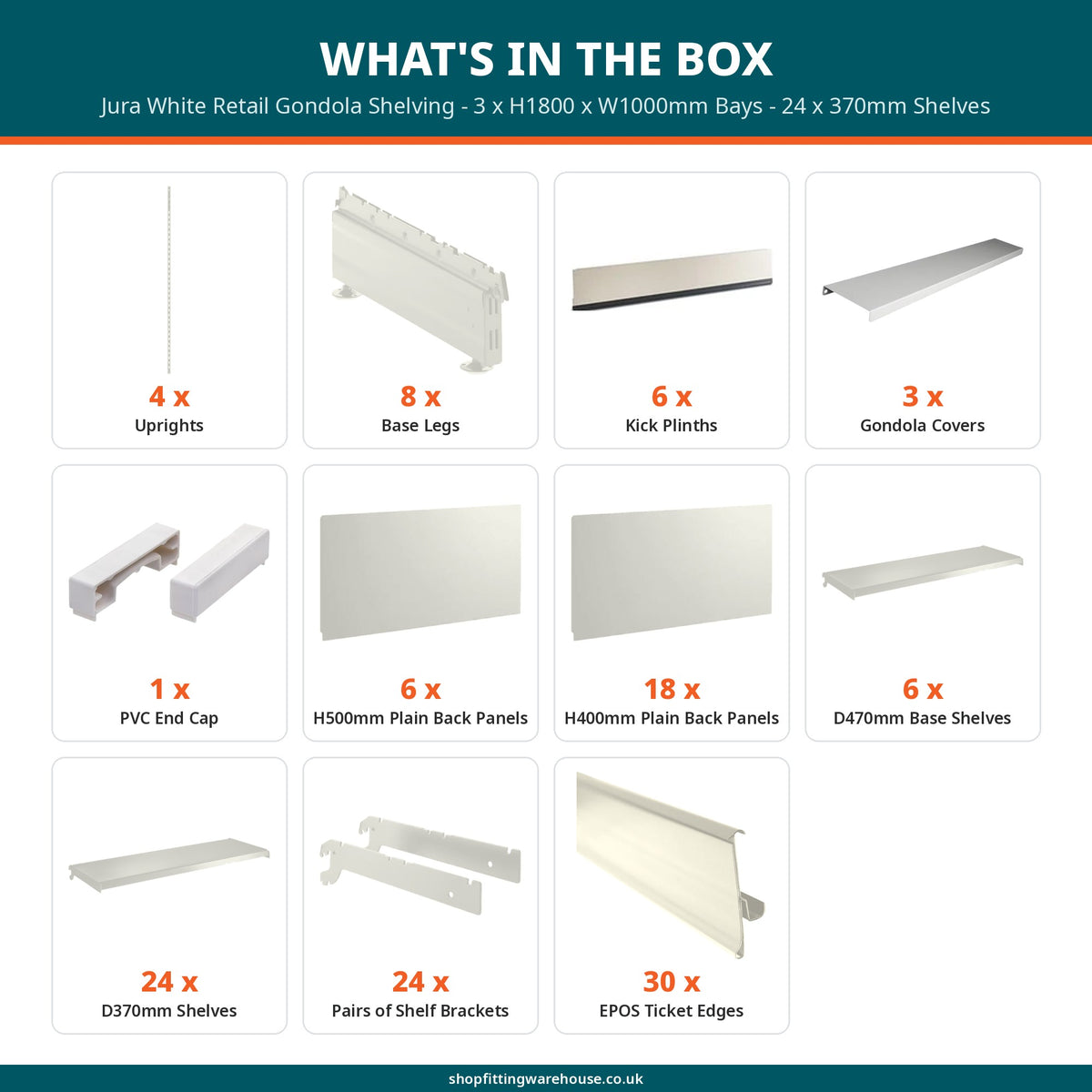 Jura White Retail Gondola Shelving - 3 x H1800 x W1000mm Bays - 24 x 370mm Shelves