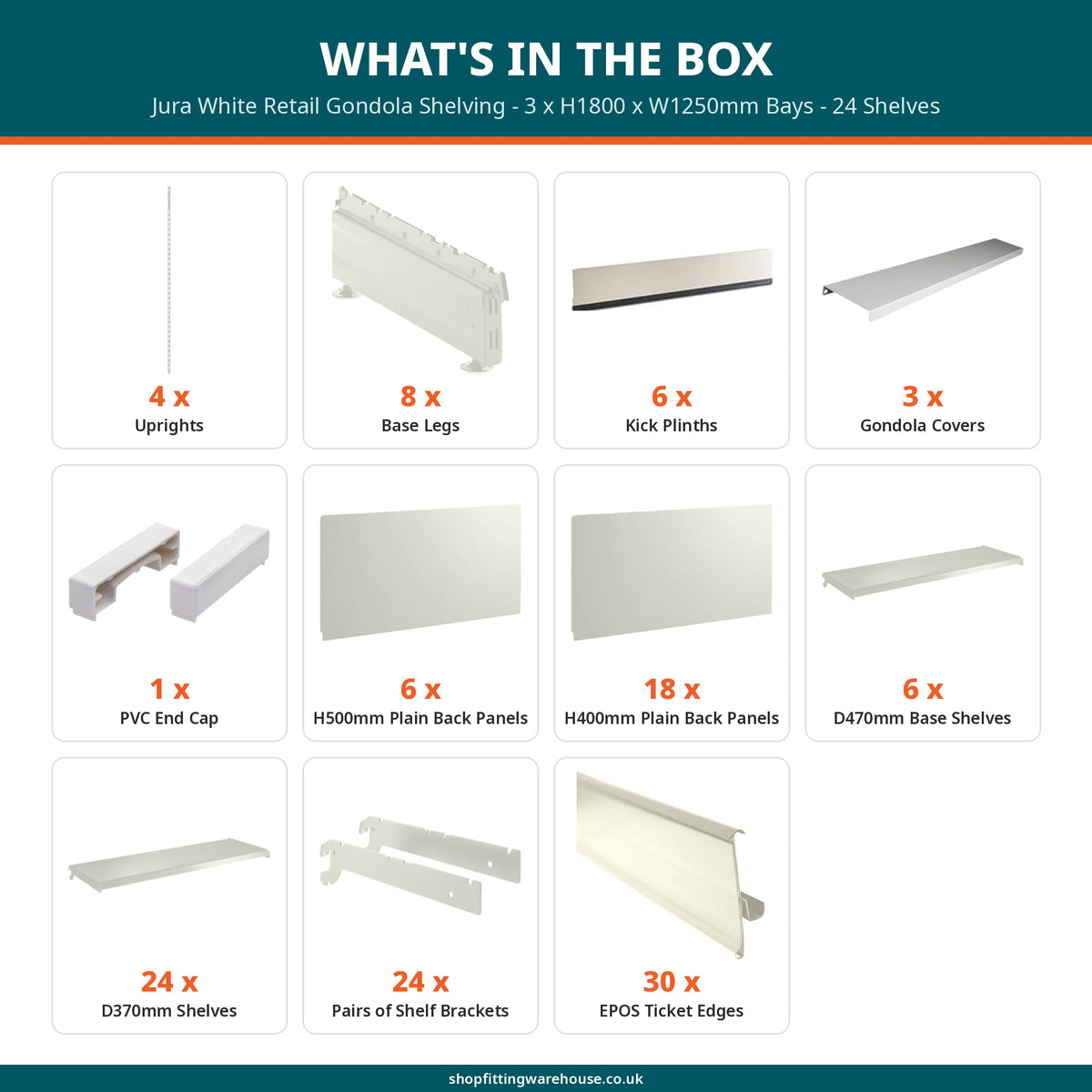 Jura White Retail Gondola Shelving - 3 x H1800 x W1250mm Bays - 24 Shelves