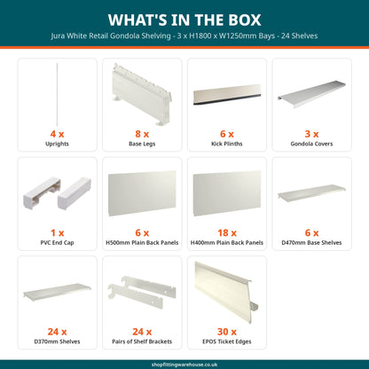 Jura White Retail Gondola Shelving - 3 x H1800 x W1250mm Bays - 24 Shelves