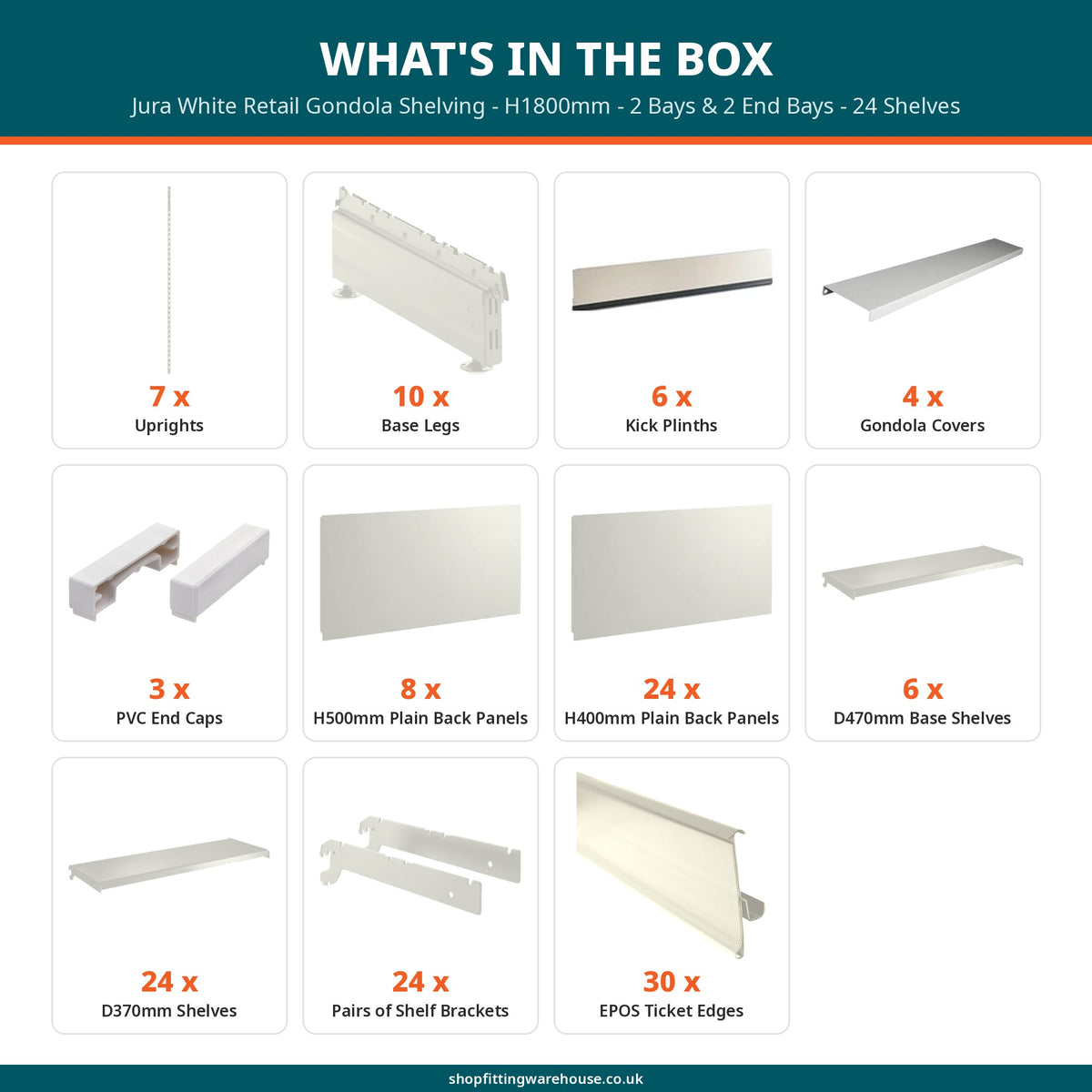 Jura White Retail Gondola Shelving - H1800mm - 2 Bays & 2 End Bays - 24 Shelves