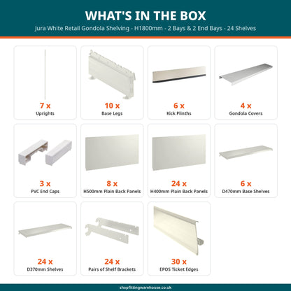 Jura White Retail Gondola Shelving - H1800mm - 2 Bays & 2 End Bays - 24 Shelves