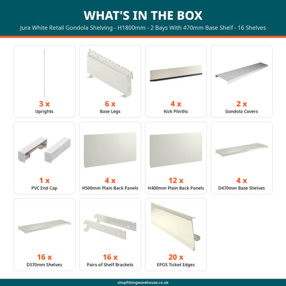 Jura White Retail Gondola Shelving - H1800mm - 2 Bays With 470mm Base Shelf - 16 Shelves