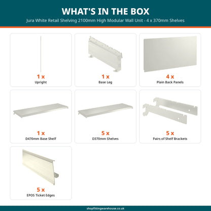 Jura White Retail Shelving 2100mm High Modular Wall Unit - 4 x 370mm Shelves