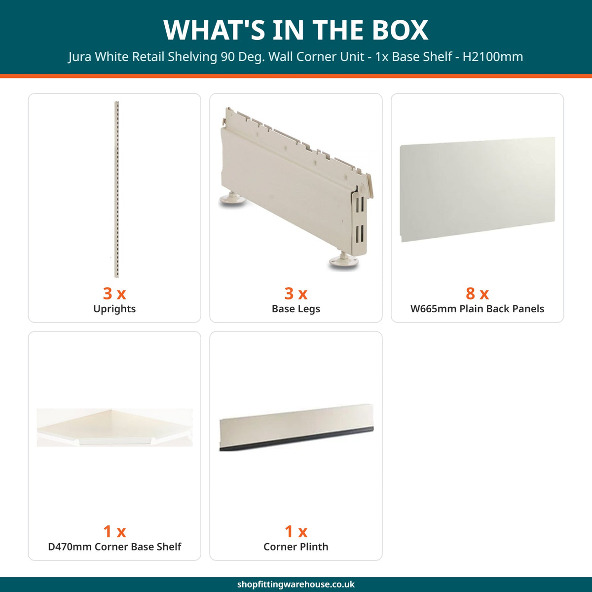 Jura White Retail Shelving 90 Deg. Wall Corner Unit - 1x Base Shelf - H2100mm