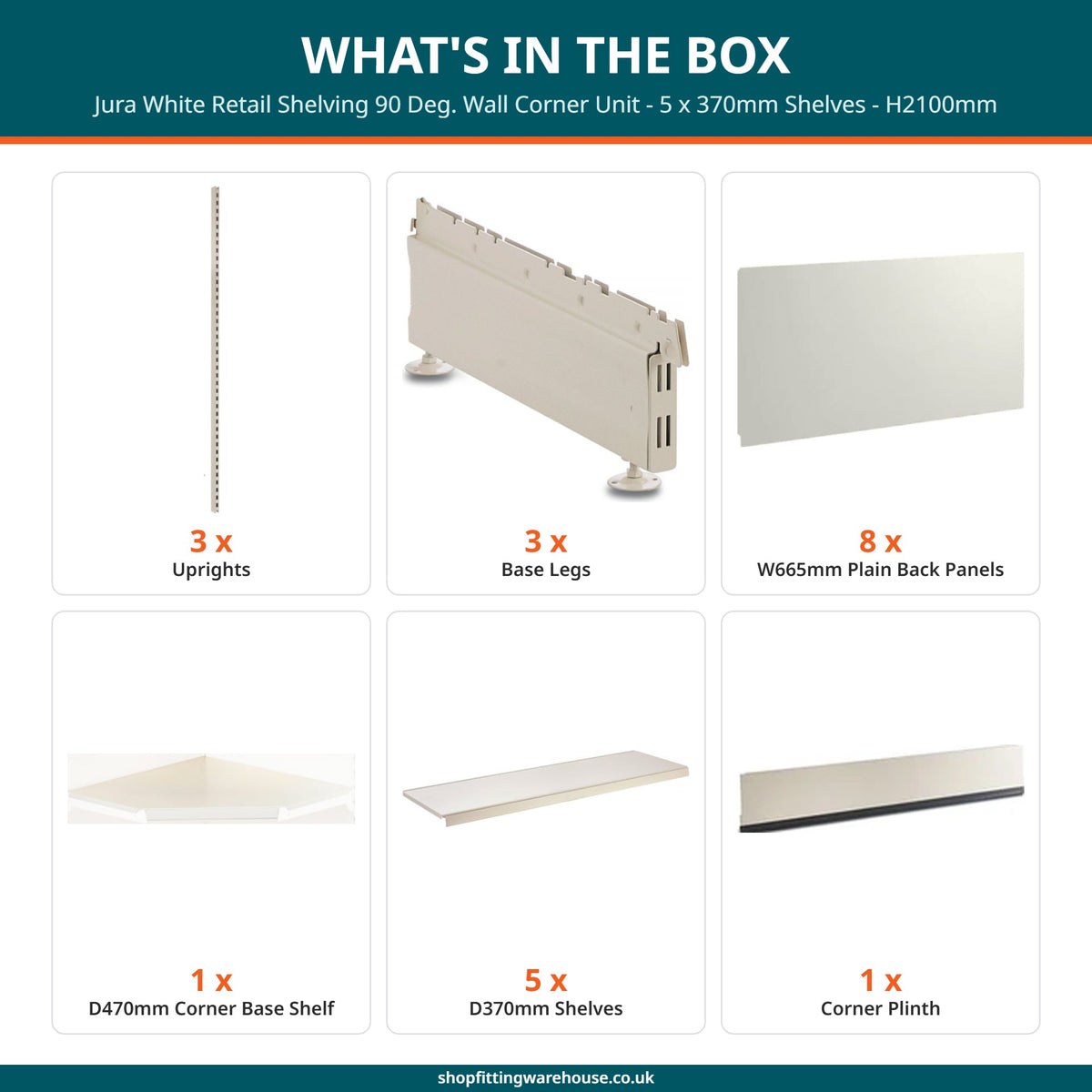 Jura White Retail Shelving 90 Deg. Wall Corner Unit - 5 x 370mm Shelves - H2100mm