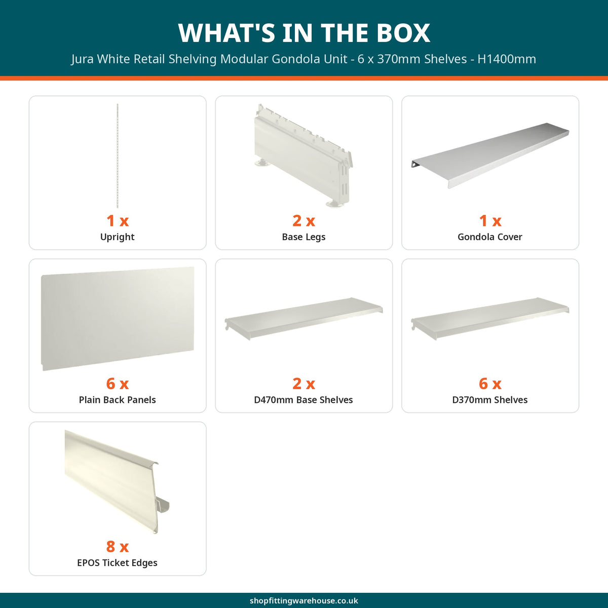 Jura White Retail Shelving Modular Gondola Unit - 6 x 370mm Shelves - H1400mm