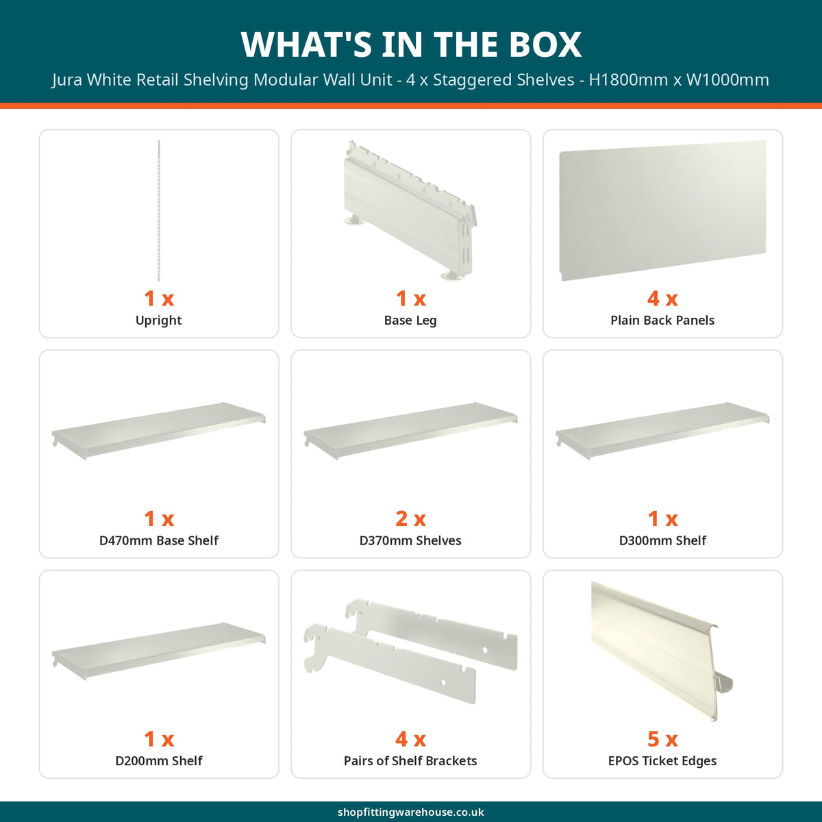 Jura White Retail Shelving Modular Wall Unit - 4 x Staggered Shelves - H1800mm x W1000mm