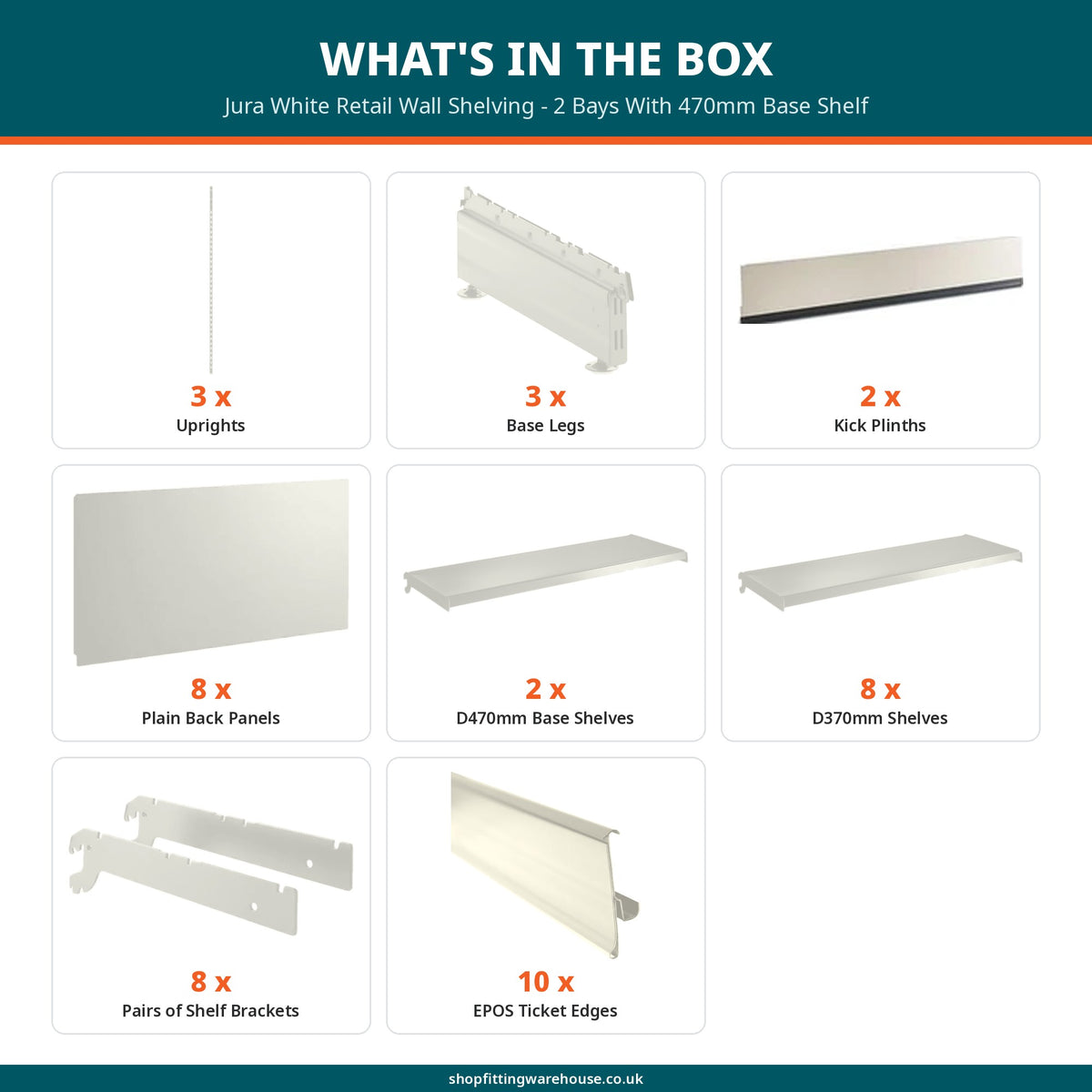 Jura White Retail Wall Shelving - 2 Bays With 470mm Base Shelf