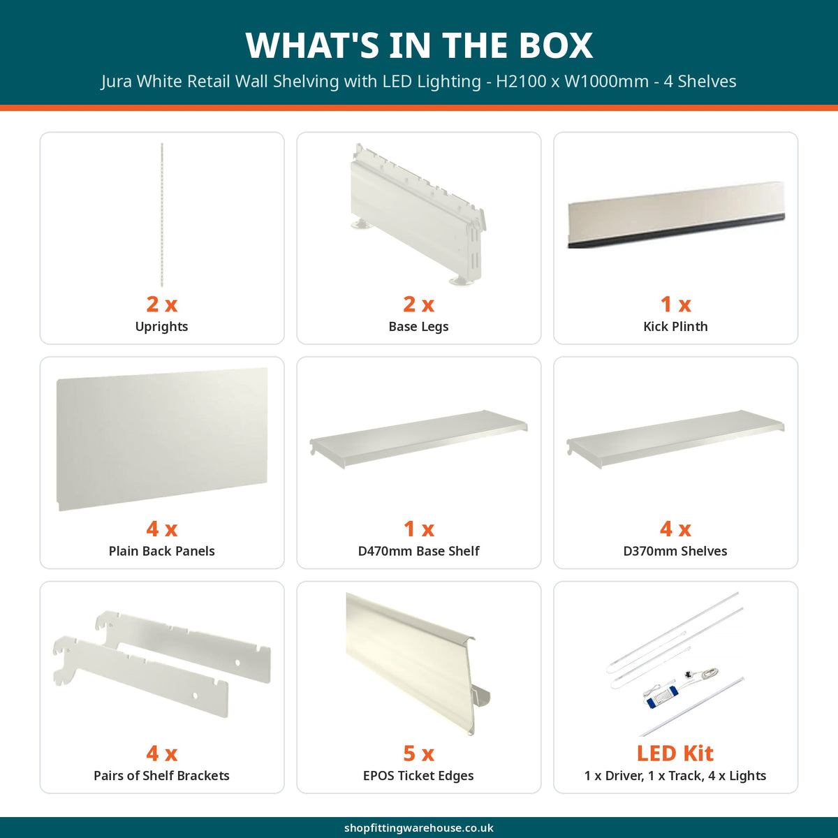 Jura White Retail Wall Shelving with LED Lighting - H2100 x W1000mm - 4 Shelves