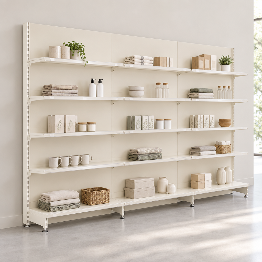 Jura White shelving bays against a wall, lightly merchandised