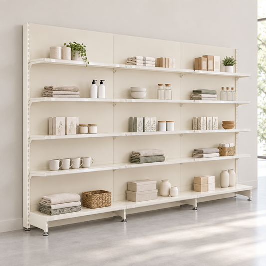 Jura White shelving bays against a wall, lightly merchandised