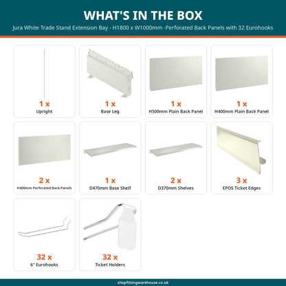 Jura White Trade Stand Extension Bay - H1800 x W1000mm -Perforated Back Panels with 32 Eurohooks