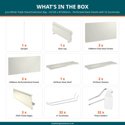 Jura White Trade Stand Extension Bay - H2100 x W1000mm - Perforated Back Panels with 32 Eurohooks
