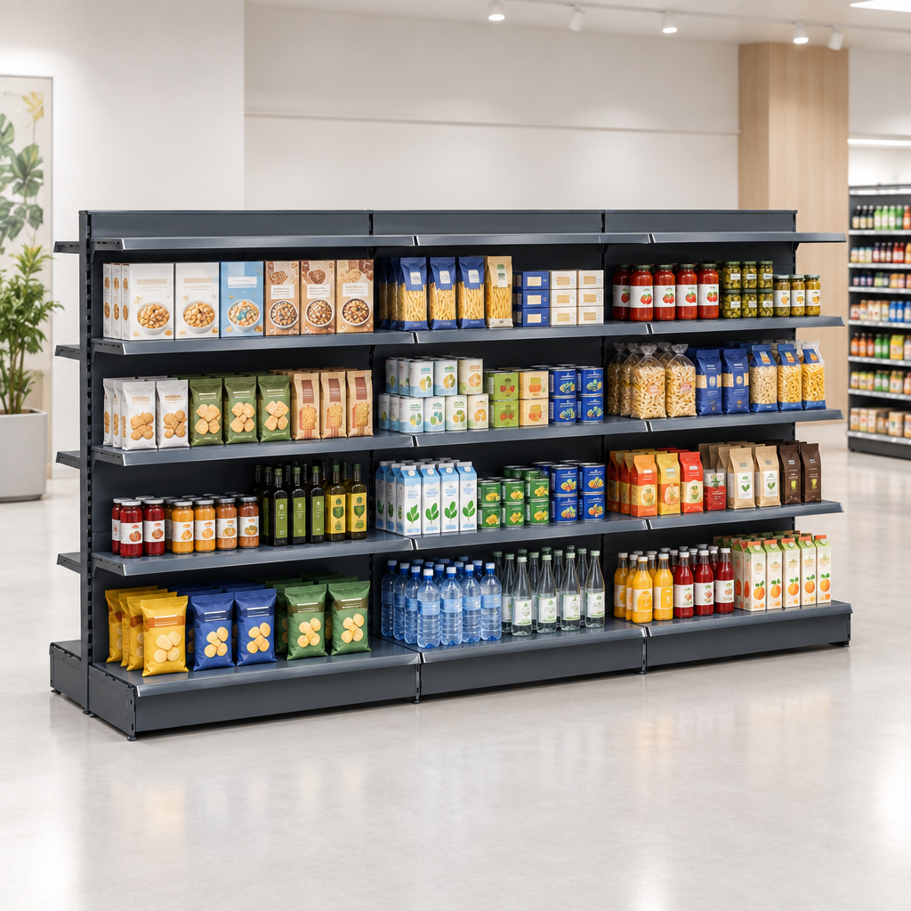 Lifestyle image of the H1400 dark grey gondola shelving in a modern minimal supermarket