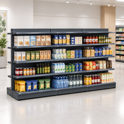 Lifestyle image of the H1400 dark grey gondola shelving in a modern minimal supermarket