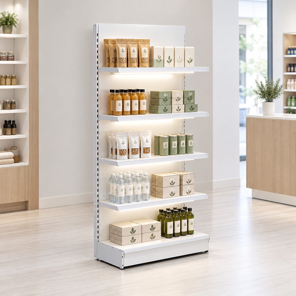 Lifestyle image of the Jura White H1800 x W1000mm LED-lit wall shelving in a modern minimal retail setting