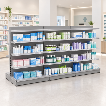 Lifestyle image of the Silver H1400 x W1250mm gondola shelving in a modern pharmacy or health store