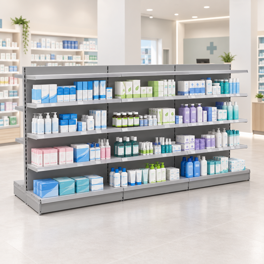 Lifestyle image of the Silver H1400 x W1250mm gondola shelving in a modern pharmacy or health store