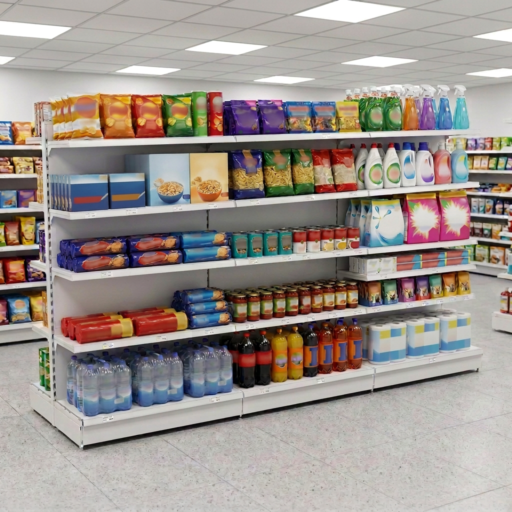 Lifestyle shot with plain unbranded packaging on all shelf stock