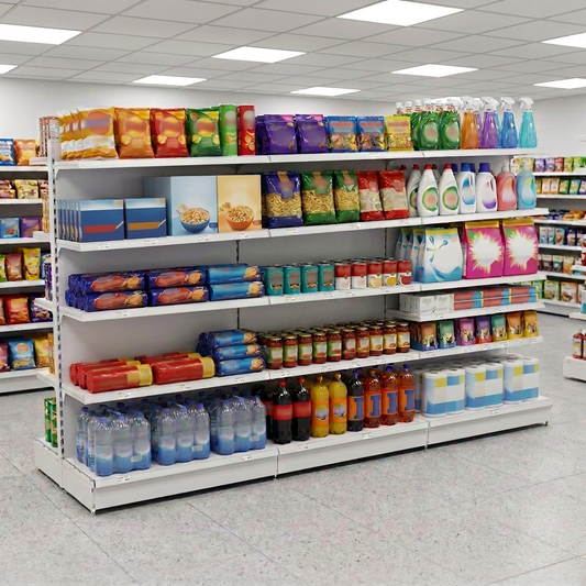 Lifestyle shot with plain unbranded packaging on all shelf stock