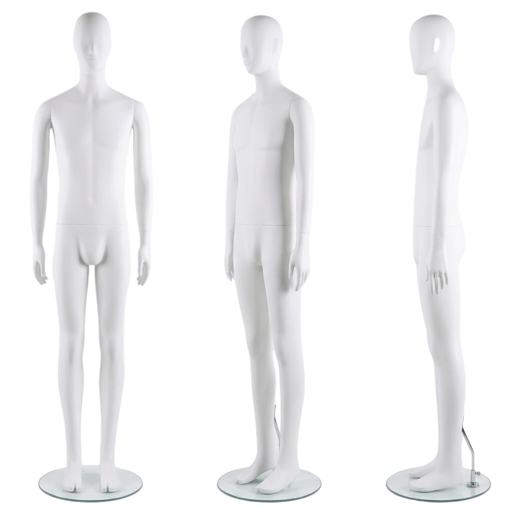 Three views of a white plastic female mannequin on a clear round glass base, showing front, three-quarter, and side profiles against a white background.