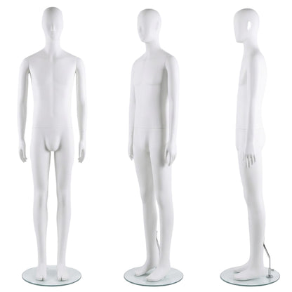 Three views of a white plastic female mannequin on a clear round glass base, showing front, three-quarter, and side profiles against a white background.