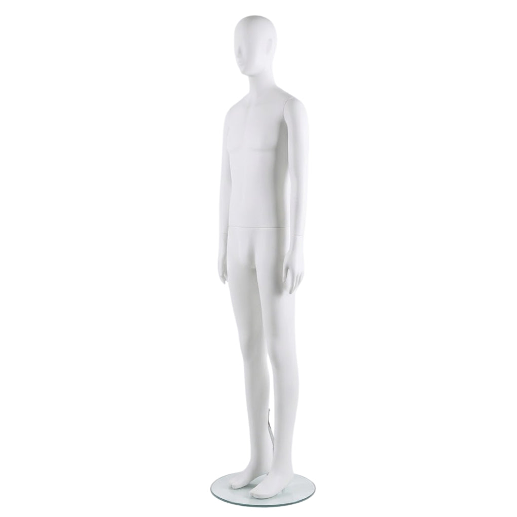 A white plastic male mannequin with a glossy finish, standing on a clear glass circular base against a solid white background.