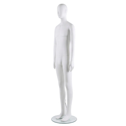 A white plastic male mannequin with a glossy finish, standing on a clear glass circular base against a solid white background.
