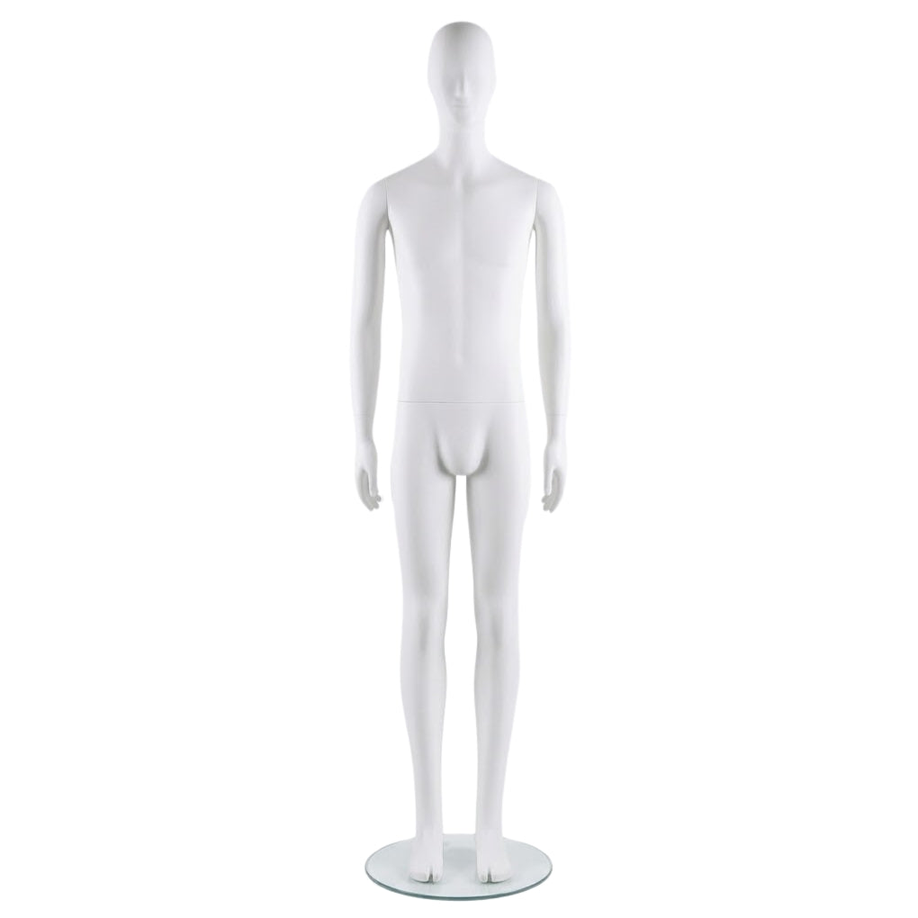 A white male mannequin torso on a round glass display base, photographed against a seamless white background.