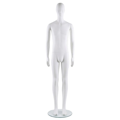 A white male mannequin torso on a round glass display base, photographed against a seamless white background.