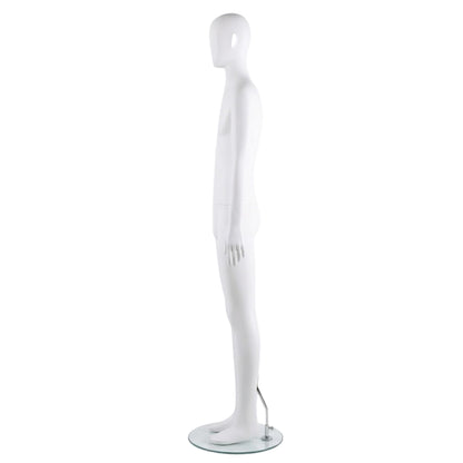 Side view of a white plastic male mannequin on a white background