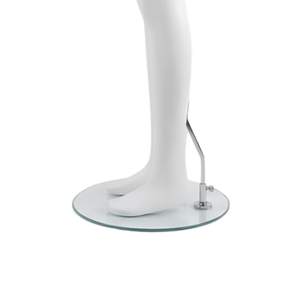 White mannequin lower legs and feet standing on a round clear glass display base with a silver metal support arm, shown on a white background.
